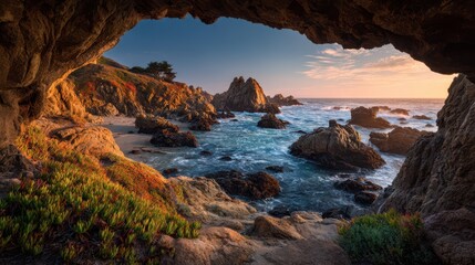 Breathtaking coastal view from a rocky cave at sunset, showcasing vibrant colors and serene ocean waves