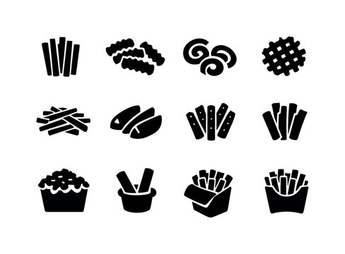 Fries Icon Set. Types of fries. Solid icon set of Types of fries: straight fries, crinkle fries, curly fries, waffle fries, steak fries, shoestring fries,