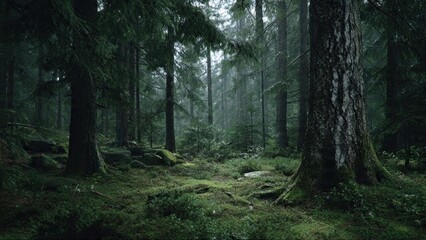 Obraz premium Dark moody forest scene with mossy floor