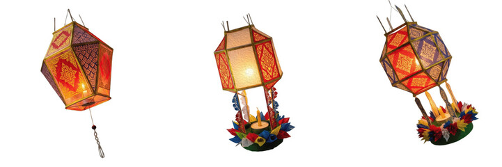 Set/Collection of Vesak and Loy Krathong Lanterns, Floating Decorations, Traditional Thai and Buddhist Festival Elements Isolated on White Transparent PNG Background © Filess Terrani