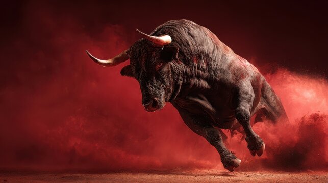 Charging bull evokes power and intensity in a dramatic red backdrop during an exciting evening performance