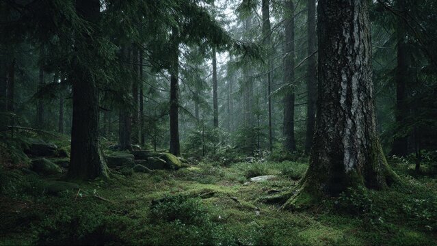 Dark moody forest scene with mossy floor
