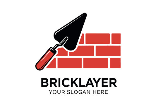 Bricklayer logo with trowel and red brick wall template for construction business or masonry service branding
