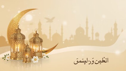 Obraz premium A golden crescent moon illuminates ornate lanterns and a distant mosque skyline high quality professional detailed