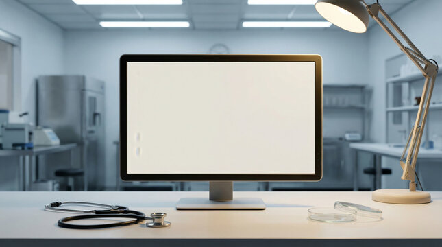 Blank computer monitor screen mockup on desk with stethoscope and petri dishes. Medical laboratory background with copy space for text