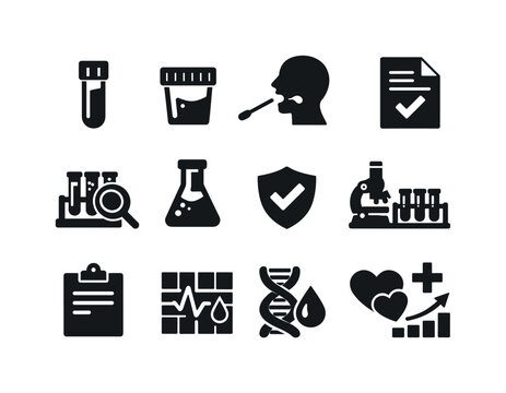 Medical Testing Icons. Medical testing. Solid icon set of Medical testing: blood sample, urine test, throat swab, test result paper, analysis icon, lab beaker,