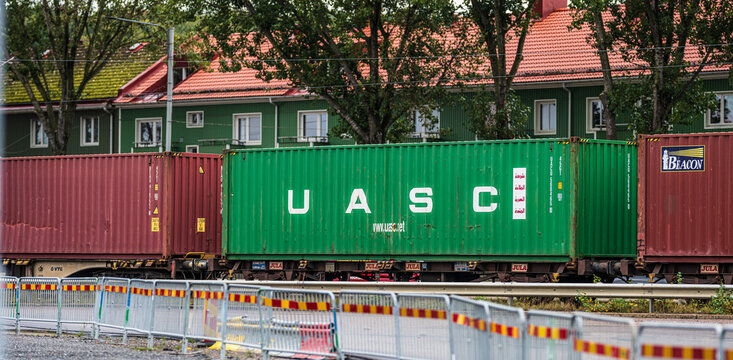 Gothenburg, Sweden - October 10 2024: UASC shipping container on a train.