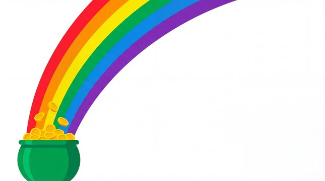Rainbow arching over green pot filled with gold coins for St. Patrick's Day  