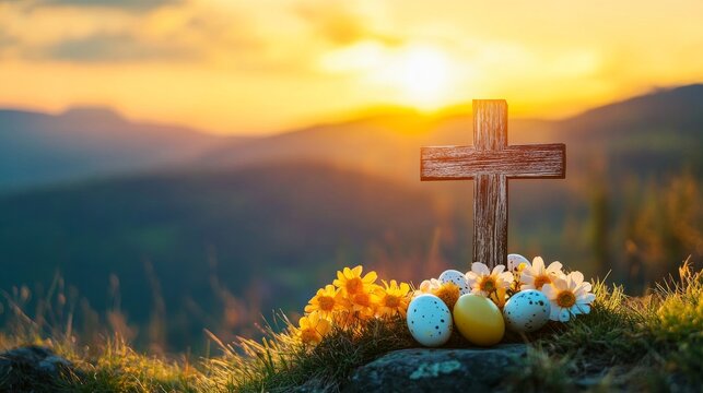 Small wooden cross with flowers and easter eggs during mountain sunrise in spring season