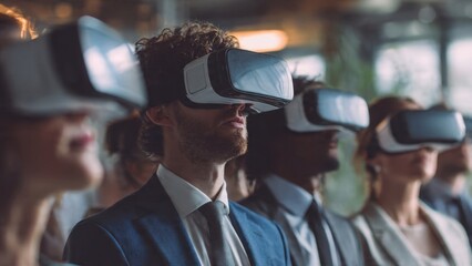 Diverse business people using VR headset