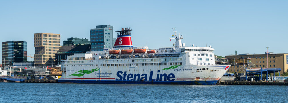 Gothenburg, Sweden - May 19 2025: Large Stena Danica ferry docked in harbor.