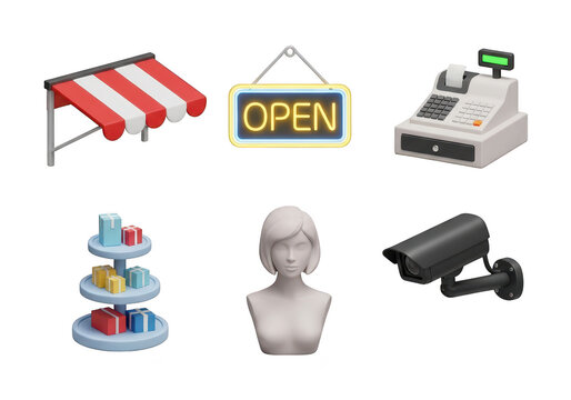 3d icon  Illustration of a store awning, open sign, cash register, gift display, mannequin head, and security camera on white background isolated on transparent background