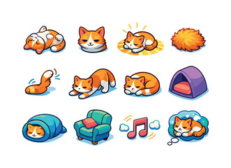 Fototapeta premium Lazy Cat Icons. Lazy Cat Day. Colorful isometric vector icons set of Lazy Cat Day: relaxed cat pose, half-closed eyes, sunny nap patch, fur fluff, tiny twitch,