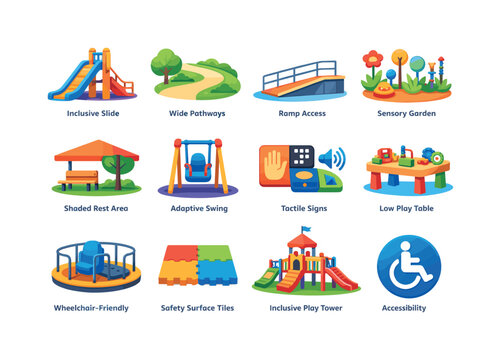 Inclusive Playground Icons. Universal design playground. Colorful flat vector icons set of universal design playground: inclusive slide, wide pathways, ramp