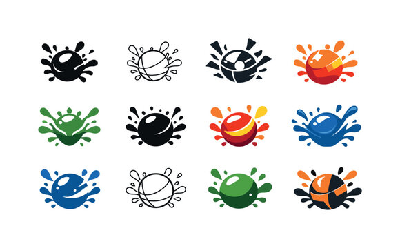Paintball Logo Variations. paintball. Icon set. Set Logo of paintball: exploding paintball shell. harmonious logo variations of the same emblematic concept,