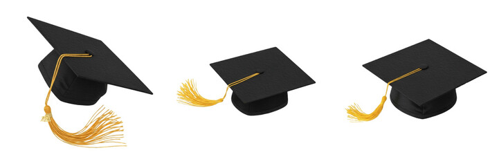 Set \ Collection of Graduation Caps Graduation Festival &ndash; Academic Celebration, Graduation Ceremony, Student Achievement Elements isolated on white transparent PNG background