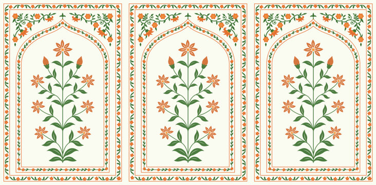Traditional Mughal flower motif. India wall  decor flower Painting. Mughal wall  paintings, botanical floral ethnic motif