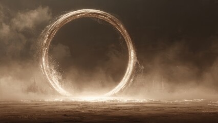 Fototapeta premium Golden ring portal in a dusty landscape