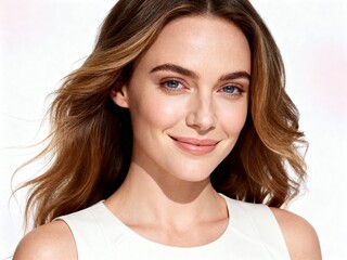 Naklejka premium Portrait of a young brunette woman with long hair and beautiful eyes smiling in a glamour studio makeup closeup