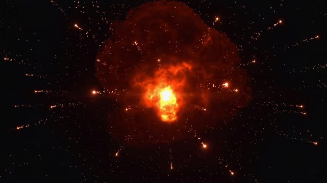 Bright orange explosion with sparks and debris against black background. Lockdown shot of fire burst.