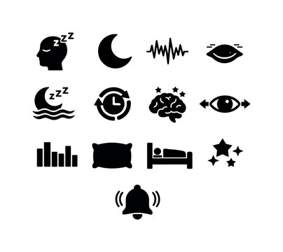 Sleep Stages Icons. Sleep Stages. Solid icon set of Sleep Stages: sleeping head, crescent moon, EEG waveform, REM label icon, deep sleep symbol, clock cycle,