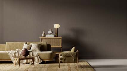 Minimal dark moody living room with broad empty wall and subtle warm illumination designed for negative space composition and visual balance. 3D illustration © Salih