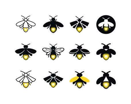 Firefly Logo Variations. Fireflies. Icon set. Set Logo of fireflies: glowing firefly insect. harmonious logo variations of the same emblematic concept, each