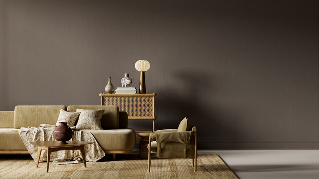 Minimal dark moody living room with broad empty wall and subtle warm illumination designed for negative space composition and visual balance. 3D illustration