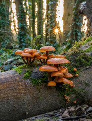 Velvet Shanks.Fungi on a fallen tree trunk