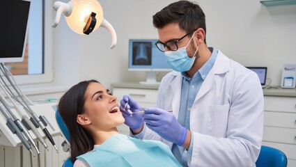 A dentist treats a woman's teeth.