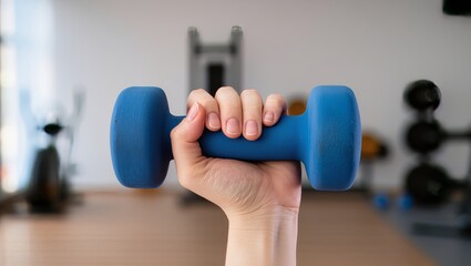 A dumbbell in a woman's hand.