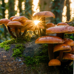 Velvet Shanks.Fungi on a fallen tree trunk