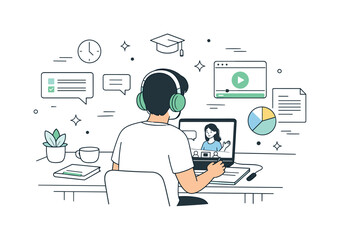 Naklejka premium Remote Learning Focus. Remote learning flow. A calm home workspace with a person engaged in an online class, headphones on and digital interface elements