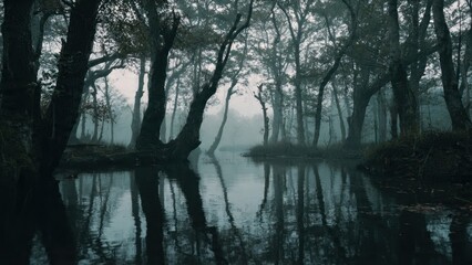 Obraz premium Misty Swamp Landscape with Reflections