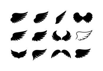 Fototapeta premium Black Angel Wings. Angel wing silhouettes. Solid icon set of angel wing silhouettes: full wing silhouette, half wing silhouette, narrow silhouette, broad