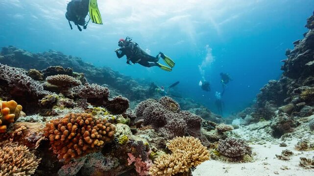 Underwater shot of a group of SCUBA Divers drifting along over a tropical coral reef