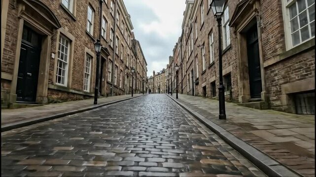 Timelapse of historic cobblestone street with atmospheric sky in motion