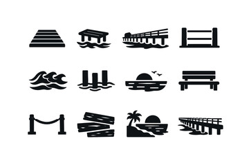 Fototapeta na wymiar Seaside Boardwalk Icons. Seaside Boardwalk. Solid icon set of Seaside Boardwalk: wooden boardwalk, ocean dock, pier railing, surf waves, dock pylons, horizon