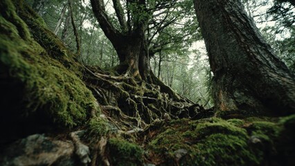 Fototapeta premium Mossy Tree Roots in Temperate Rainforest