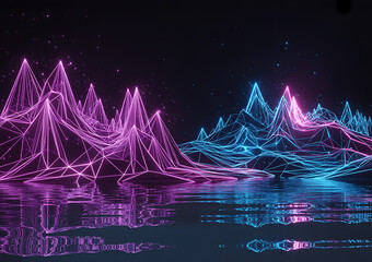 Abstract blue neon Christmas tree illustration featuring a winter wave pattern with stars and holiday light decorations on a vector art background