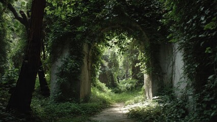 Overgrown Stone Archway in Green Forest