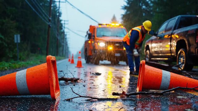 Roadworker directing traffic around fallen power lines and debris on a wet forest road at dusk