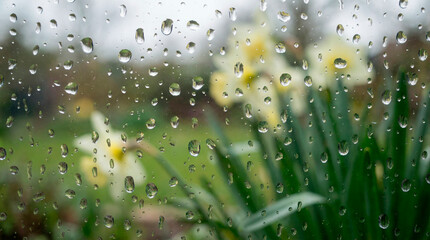 Raindrops on a window pane with blurred yellow daffodils in a garden outside during a spring rain shower with soft natural light © designX