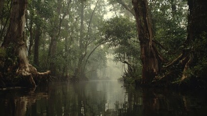 Obraz premium Swampy river landscape, lush forest scenery