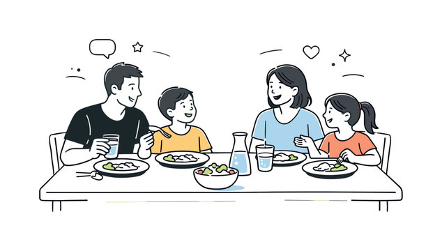 Warm Family Dinner. Family dinner time. Parents and children sitting at the table with plates and glasses, relaxed conversation and smiles. Clean editorial