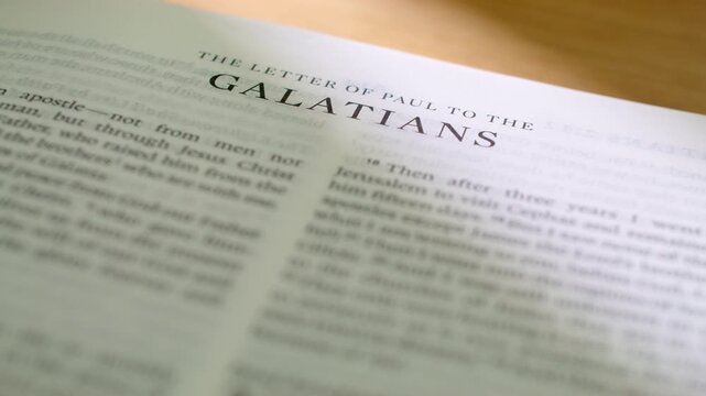 Galatians Bible book pages turn during a close up study of holy scripture. A detailed shot of flipping through the New Testament epistle regarding spiritual freedom, grace, and the fruit of the spirit