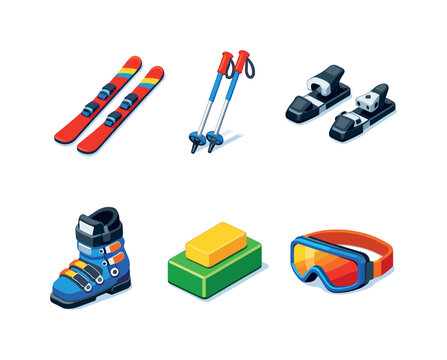 Ski Equipment Icons. Ski Equipment. Isometric flat vector icons set of Ski Equipment: carving skis, ski poles pair, ski bindings set, ski boots, ski wax block,