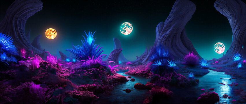 Fantasy underwater seascape with glowing moons and coral reefs