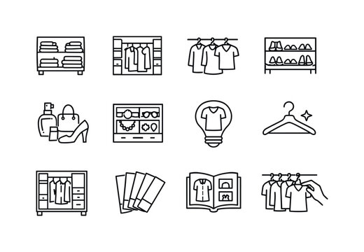 Wardrobe Line Icons. Wardrobe and style. Line icon set of Wardrobe and style: clothing shelf, fashion closet, hanging outfits, shoe rack, fashion essentials,