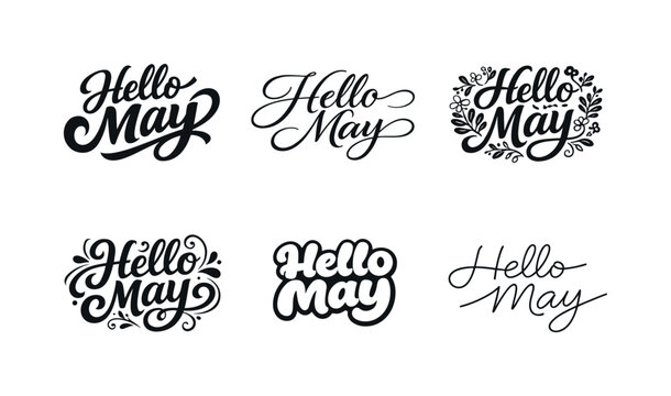 Creative May Lettering. Hello May. Set lettering. harmonious lettering variations of the same emblematic concept, each with different artistic interpretation